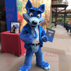 Blue Dingo mascot costume character dressed with a Suit Jacket and Clutch bags