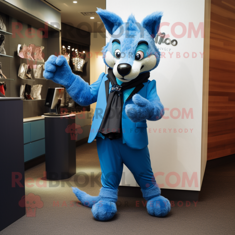 Blue Dingo mascot costume character dressed with a Suit Jacket and Clutch bags