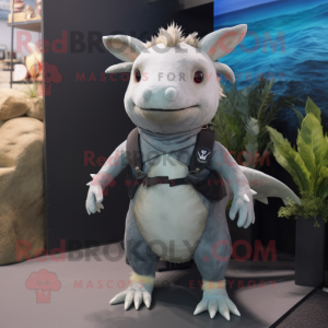 Gray Axolotls mascot costume character dressed with a Vest and Shoe clips