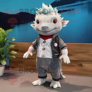 Gray Axolotls mascot costume character dressed with a Vest and Shoe clips