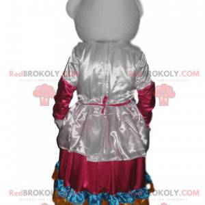 Hello Kitty mascot with a white and multicolored satin dress -