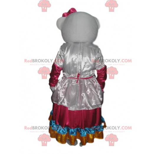 Hello Kitty mascot with a white and multicolored satin dress -