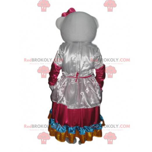 Mascota de Hello Kitty con un vestido de satén blanco y