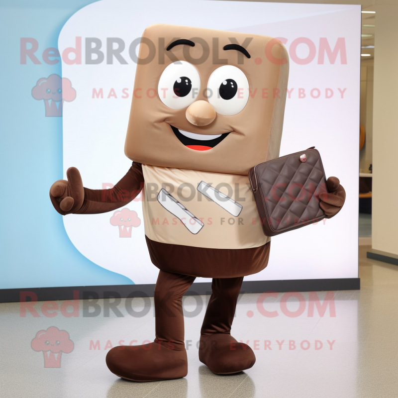 Tan Chocolate Bar mascot costume character dressed with a Capri Pants and Clutch bags