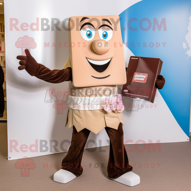 Tan Chocolate Bar mascot costume character dressed with a Capri Pants and Clutch bags