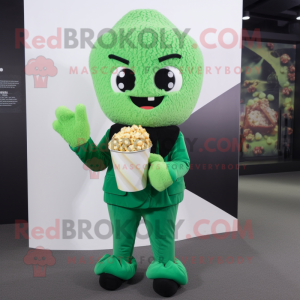 Green Pop Corn mascot costume character dressed with a Blouse and Mittens