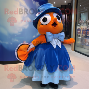 Blue Clown Fish mascot costume character dressed with a Empire Waist Dress and Bow ties