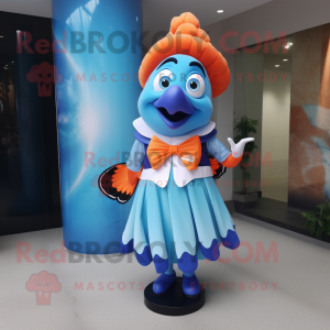 Blue Clown Fish mascot costume character dressed with a Empire Waist Dress and Bow ties