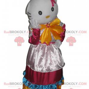 Hello Kitty maskot med en vit och mångfärgad satinklänning -