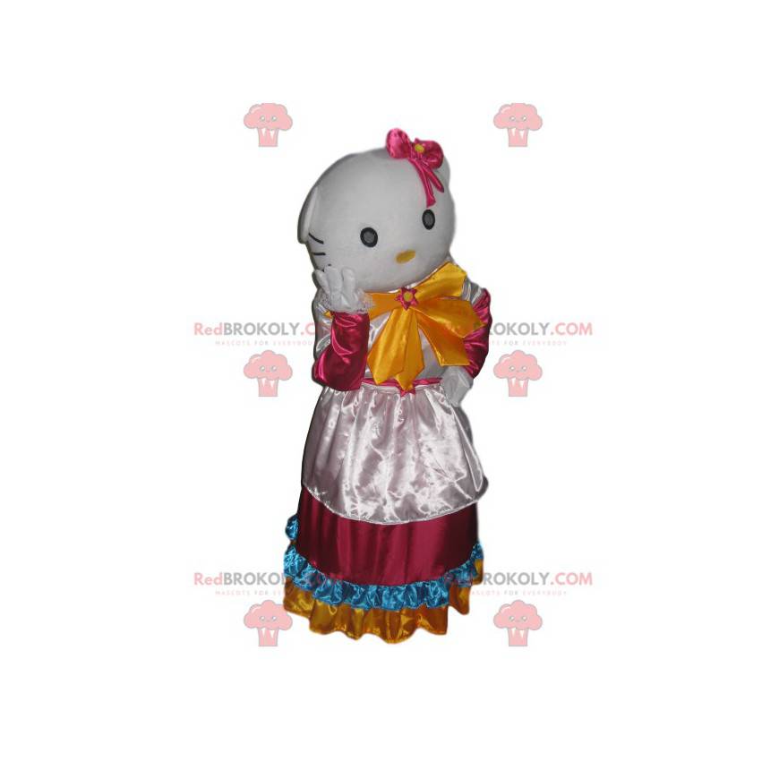 Hello Kitty mascot with a white and multicolored satin dress -