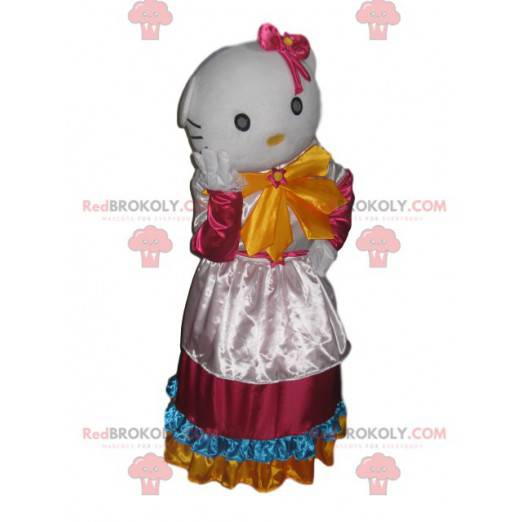 Hello Kitty mascot with a white and multicolored satin dress -