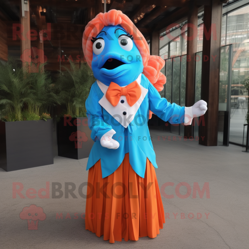 Blue Clown Fish mascot costume character dressed with a Empire Waist Dress and Bow ties