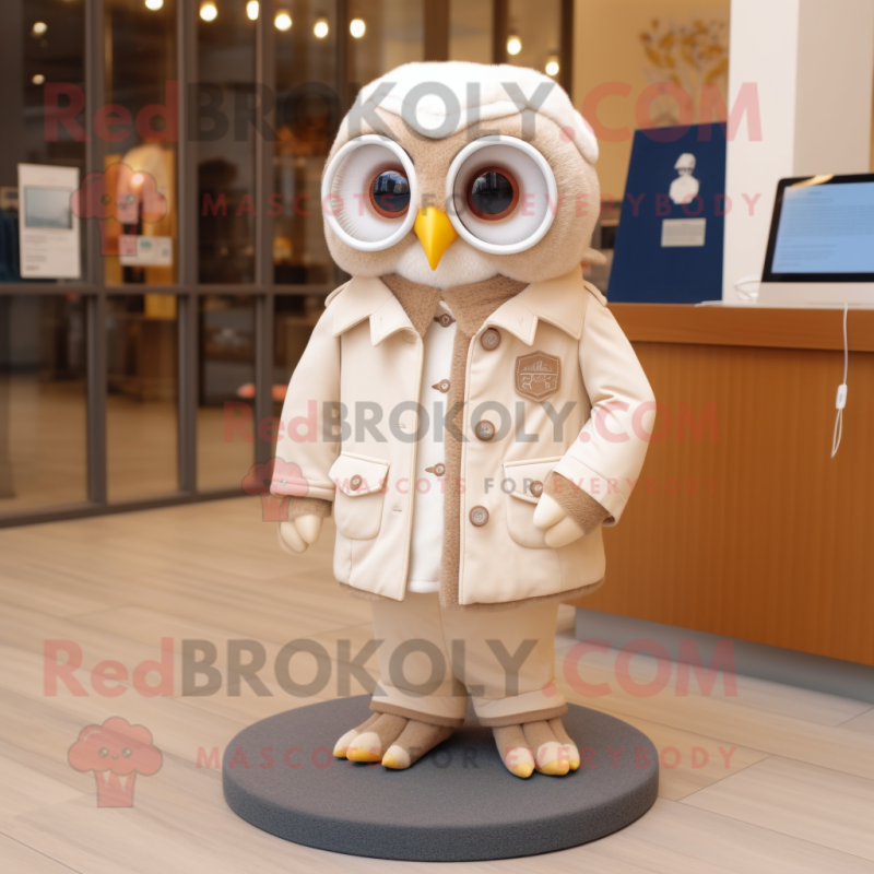 Beige Owl mascot costume character dressed with a Jacket and Reading glasses Beige Owl mascot costume character dressed with a Jacket and Reading glasses
