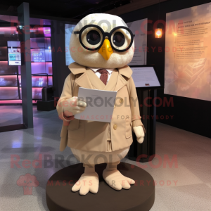 Beige Owl mascot costume character dressed with a Jacket and Reading glasses