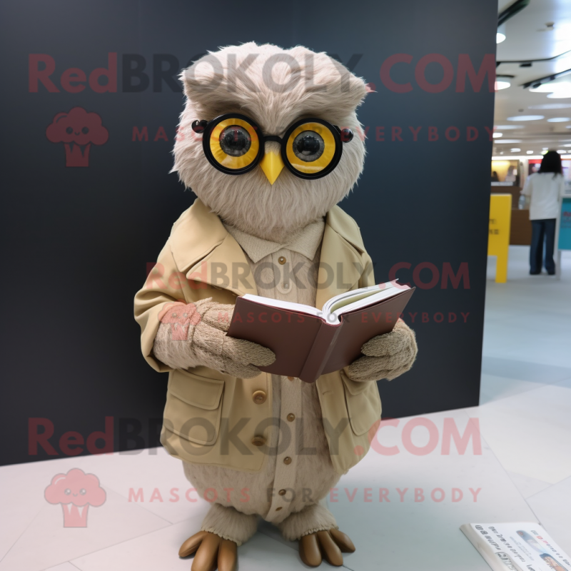 Beige Owl mascot costume character dressed with a Jacket and Reading glasses