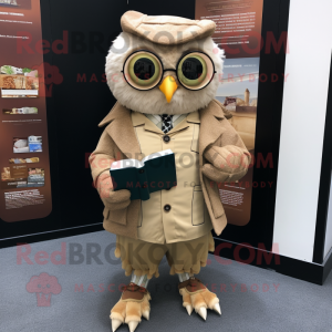 Beige Owl mascot costume character dressed with a Jacket and Reading glasses