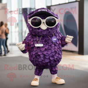 Purple Oyster mascot costume character dressed with a Romper and Sunglasses