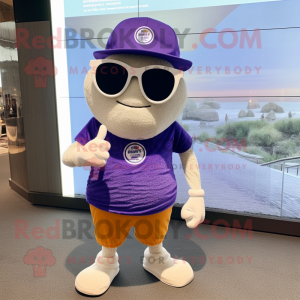 Purple Oyster mascot costume character dressed with a Romper and Sunglasses