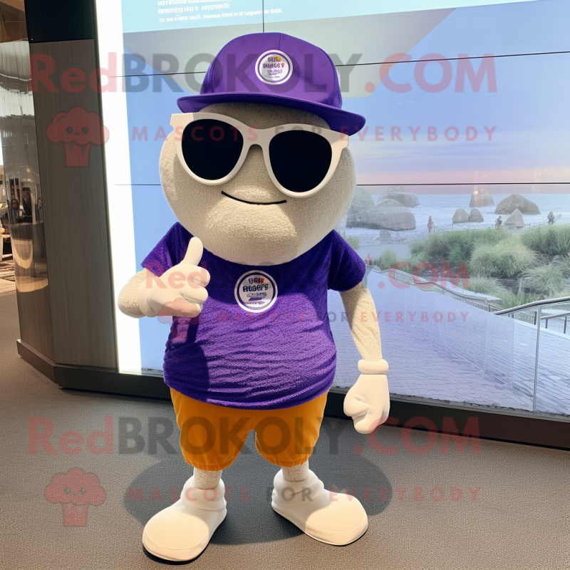 Purple Oyster mascot costume character dressed with a Romper and Sunglasses Purple Oyster mascot costume character dressed with a Romper and Sunglasses