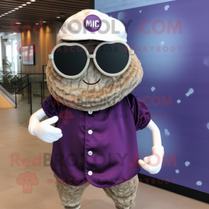 Purple Oyster mascot costume character dressed with a Romper and Sunglasses