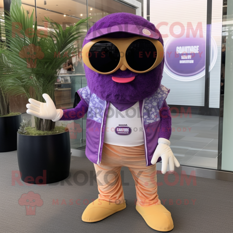 Purple Oyster mascot costume character dressed with a Romper and Sunglasses