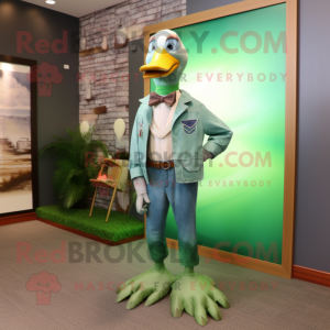 Green Swan mascot costume character dressed with a Chambray Shirt and Ties