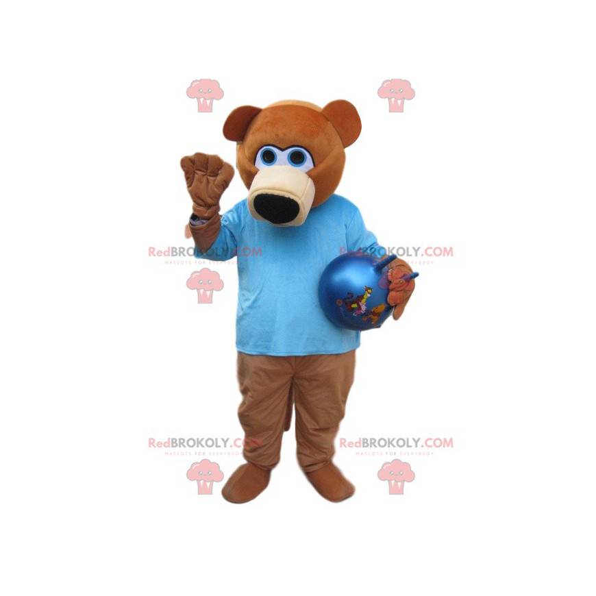 Brun björnmaskot med en blå tröja - Redbrokoly.com