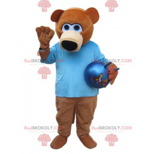 Brun björnmaskot med en blå tröja - Redbrokoly.com