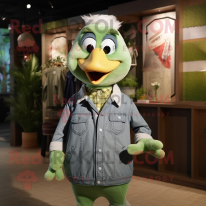 Green Swan mascot costume character dressed with a Chambray Shirt and Ties