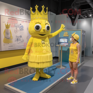 Lemon Yellow Queen mascot costume character dressed with a Henley Tee and Watches