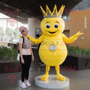 Lemon Yellow Queen mascot costume character dressed with a Henley Tee and Watches