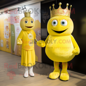 Lemon Yellow Queen mascot costume character dressed with a Henley Tee and Watches