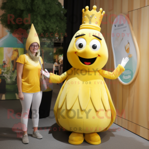 Lemon Yellow Queen mascot costume character dressed with a Henley Tee and Watches