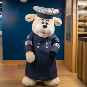 Navy Beef Wellington mascot costume character dressed with a Culottes and Hair clips