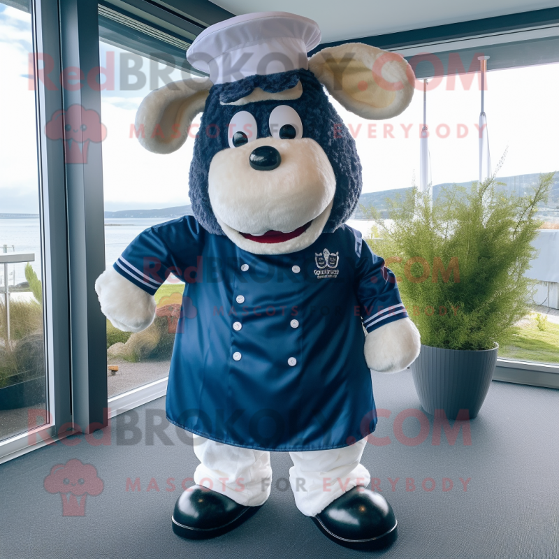 Navy Beef Wellington mascot costume character dressed with a Culottes and Hair clips Navy Beef Wellington mascot costume character dressed with a Culottes and Hair clips