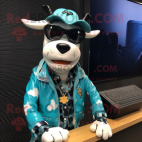 Teal Holstein Cow mascot costume character dressed with a Jacket and Sunglasses