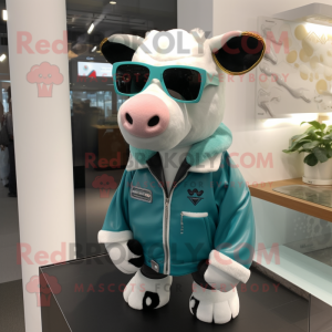 Teal Holstein Cow mascot costume character dressed with a Jacket and Sunglasses