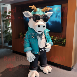 Teal Holstein Cow mascot costume character dressed with a Jacket and Sunglasses