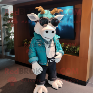 Teal Holstein Cow maskot...