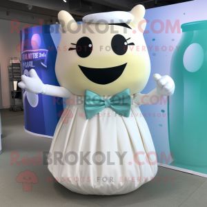 Cream Soda Can mascot costume character dressed with a Ball Gown and Bow ties