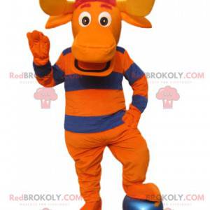 Mascote de veado laranja e azul com grandes chifres -