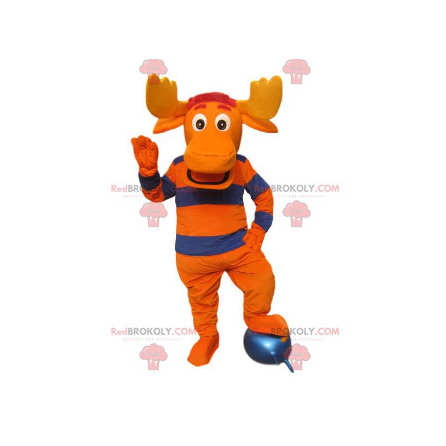 Mascotte de cerf orange et bleu avec de grands bois -