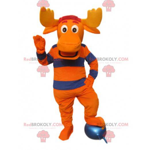 Mascota de ciervo naranja y azul con grandes astas -