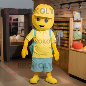 Lemon Yellow Raspberry mascot costume character dressed with a Polo Shirt and Beanies