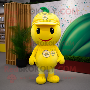 Lemon Yellow Raspberry mascot costume character dressed with a Polo Shirt and Beanies