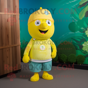 Lemon Yellow Raspberry mascot costume character dressed with a Polo Shirt and Beanies