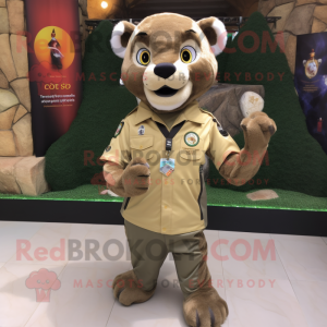 Olive Mountain Lion mascot costume character dressed with a Shorts and Lapel pins
