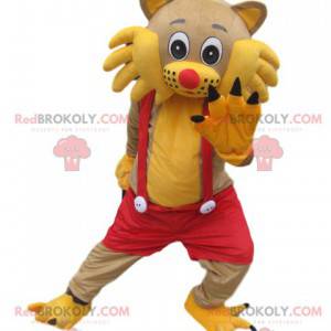 Mascote gato amarelo com macacão vermelho - Redbrokoly.com