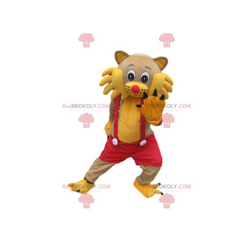 Gelbes Katzenmaskottchen mit rotem Overall - Redbrokoly.com