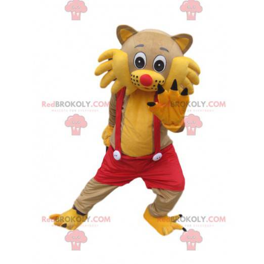 Mascote gato amarelo com macacão vermelho - Redbrokoly.com